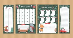 Set Of Cute Planners With Traditional Christmas Illustrations And Characters.Monthly Plan,weekly Plan,wish List And Gift List With Cute Fox,mouse And Christmas Elements.Christmas And New Year Planning