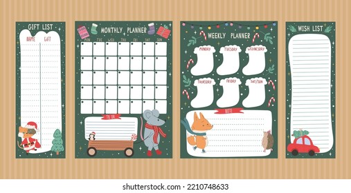 Set of cute planners with traditional Christmas illustrations and characters.Monthly plan,weekly plan,wish list and gift list with cute fox,mouse and christmas elements.Christmas and New Year planning