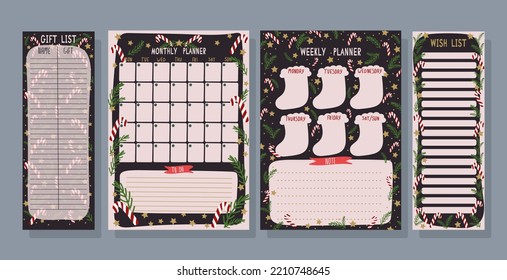 Set of cute planners with traditional Christmas illustrations. Monthly plan, weekly plan, wish list and gift sheet with christmas elements on dark background. Christmas and New Year planning