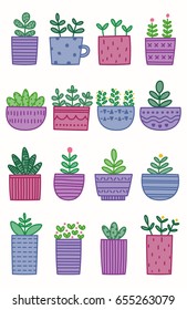 Set of Cute Plant Doodle with Retro Color.Gardening and Growing Topiary.