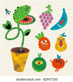 Set of cute plant monsters. Vector illustration for your background.