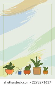 Set of cute plants in pots, planters, cacti, tropical leaves vector background. House interior decor elements.
