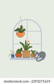 Set of cute plants in pots, planters, cacti, tropical leaves vector background. House interior decor elements.