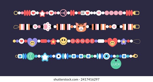 Set of cute plastic beads bracelets  Retro hand drawn elements with letters, heart, cat, paw, flower, star, moon sign, love, dance. Cartoon friendship accessories beaded. Vector illustration