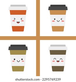 Set of cute plastic coffee cups in kawaii style. Vector illustration in a flat style.