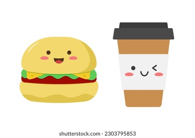 Set of cute plastic coffee cups and burgers in kawaii style. Vector illustration in flat style. Isolated on white background.	
