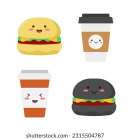 Set of cute plastic coffee cups and burgers in kawaii style. Vector illustration in flat style. Isolated on white background.