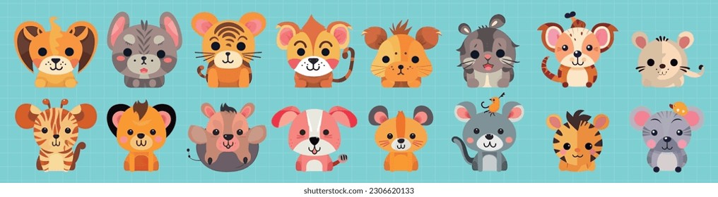 Set of cute playful animals cartoon characters collection pack, animal icon stickers, flat color illustration