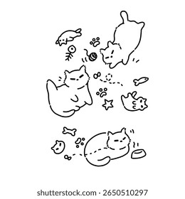 Set of cute playful cats line art outline illustration 