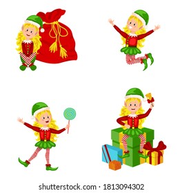 Set of cute playful Christmas elves. Collection of cute Santa Claus helpers. Merry Xmas design element. New Year