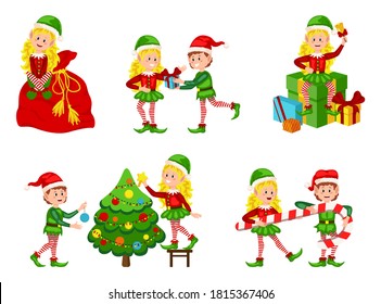 Set of cute playful Christmas elves. Collection of cute Santa Claus helpers. Bundle of little Santa's helpers holding holiday gifts and decorations. 