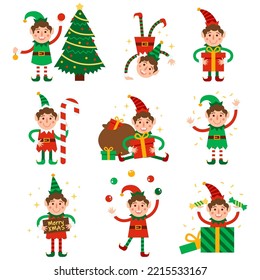 Set of cute playful Christmas elves. Collection of cute santa claus helpers with xmas tree, bag of gifts wear green costumes. Happy New Year, merry christmas element. Cartoon flat vector illustration