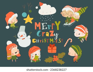 Set of Cute Playful Christmas Elves. Collection of Cute Santa Claus Helpers. Happy New Year, Merry Xmas Design Element.