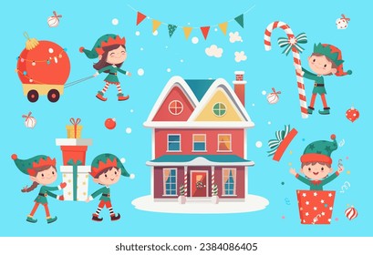 Set of cute playful Christmas elves. Collection of cute Santa Claus helpers. Happy New Year, Merry Xmas design element. Isolated. For card, banner, flayer, leaflet, poster. Vector illustration