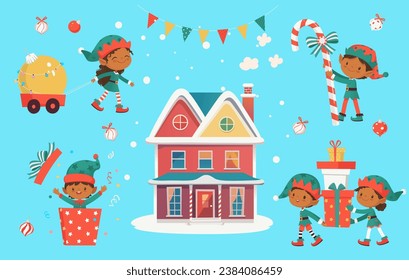 Set of cute playful Christmas elves. Collection of cute Santa Claus helpers. Happy New Year, Merry Xmas design element. Isolated. For card, banner, flayer, leaflet, poster. Vector illustration