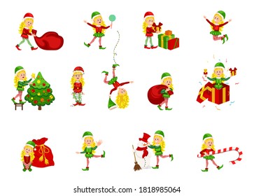 Set of cute playful Christmas girls elves.  Collection of cute Santa Claus helpers. Vector illustration EPS10