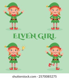 Set of cute playful girl Christmas elves. Collection of cute Santa Claus helpers. Another poses characters