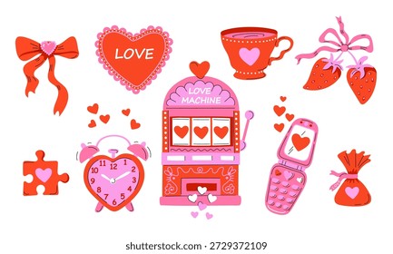 Set of cute and playful illustrations about love with heart, bow, candy, puzzle element, cup, strawberries, slot machine, mobile phone, alarm clock. Suitable for Valentine's Day, romance, love themes. Red and pink colors.