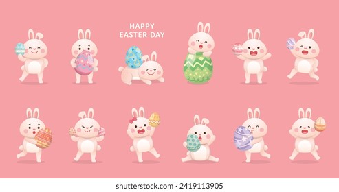 Set of cute and playful rabbit mascot or character with colorful easter eggs, joyful celebration of holiday, vector illustration