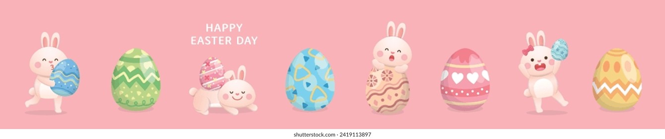 Set of cute and playful rabbit mascots or characters, colorful easter eggs, vector illustration