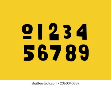 A set of cute playful simple children's numbers 1,2, 3, 4, 5, 6,7, 8, 9, 0. Symbols drawn by hand with a marker. Lettering. Vector black numbers on a yellow background.