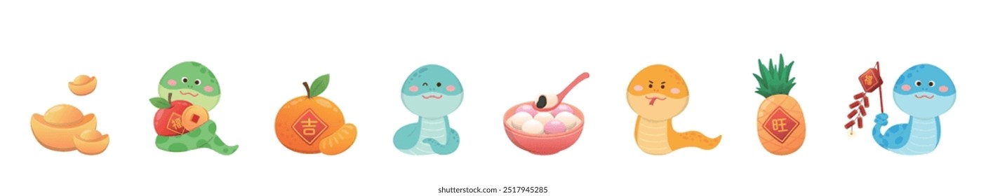 Set of cute and playful snake mascots or characters for Chinese New Year or Lantern Festival, glutinous rice balls, oranges, gold ingots, pineapples, firecrackers, translation: blessing