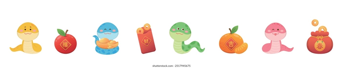 Set of cute and playful snake mascots or characters, vector elements for Chinese New Year, orange and gold ingots, translation: wealth