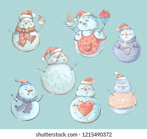 Set of cute playful snowmen. Elements from the Christmas collection of characters. Happy New Year, Merry Xmas design element. Good for card, banner, flayer, leaflet, poster. Vector illustration