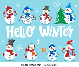 Set of cute playful snowmen. Elements from the Christmas collection of characters. Happy New Year, Merry Xmas design element. Good for card, banner, flayer, leaflet, poster. Vector illustration.