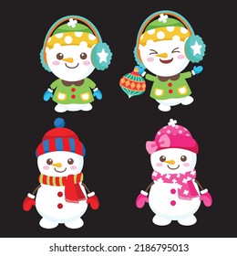Set of cute playful snowmen. Elements from the Christmas collection of characters. Happy New Year, Merry Xmas design element. Good for card, banner, flayer, leaflet, poster. Vector illustration.