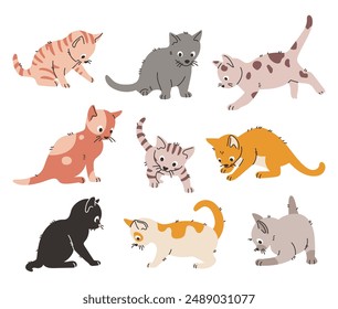 Conjunto de gatitos lindos jugando diversos. Vector ilustración de dibujos animados de gatos aislados en blanco