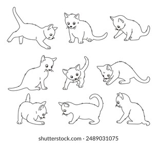 Set of cute playing kittens. Line art. Vector linear illustration isolated on white