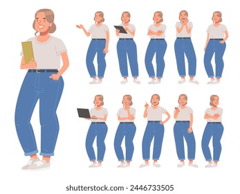 Set of cute plump girl character in various actions on a white background. Young woman thinks, uses laptops, phone, rejoices. Vector illustration in flat style