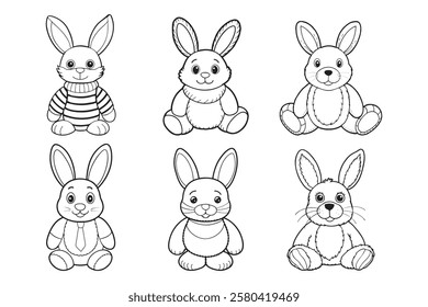 Set of cute plush bunnies for coloring. Collection of plush toys. Illustration, sketch