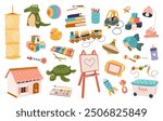 Set of cute plush and plastic toys for kids. Chalkboard, car, drawings, tablet, books, musical instruments, cubes for preschool boys and girls. Isolated flat vector illustrations on white background.