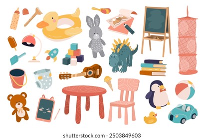 Conjunto de lindos juguetes de peluche y plástico para niños. Pizarra, coche, dibujos, tableta, libros, instrumentos musicales, cubos para niños y niñas en edad preescolar. Ilustraciones vectoriales planas aisladas sobre fondo blanco.