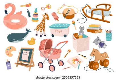 Set of cute plush and plastic toys for kids. Chalkboard, drawings, pram, sledge, books, musical instruments for preschool boys and girls. Isolated flat vector illustrations on white background.