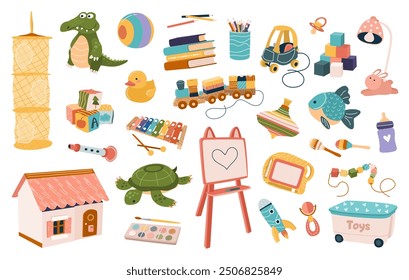 Set of cute plush and plastic toys for kids. Chalkboard, car, drawings, tablet, books, musical instruments, cubes for preschool boys and girls. Isolated flat vector illustrations on white background.