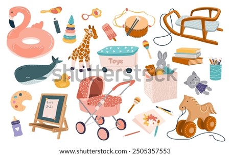 Set of cute plush and plastic toys for kids. Chalkboard, drawings, pram, sledge, books, musical instruments for preschool boys and girls. Isolated flat vector illustrations on white background.