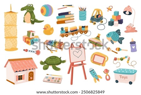 Set of cute plush and plastic toys for kids. Chalkboard, car, drawings, tablet, books, musical instruments, cubes for preschool boys and girls. Isolated flat vector illustrations on white background.