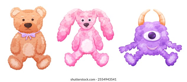 Set of cute plush toys for kids on transparent background