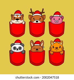 Set of cute pocket animal with Santa hat
