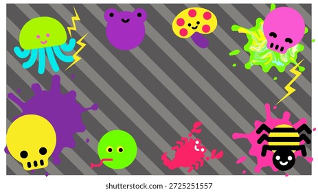 Eine Reihe von niedlichen Giftkreaturen Zeichen Illustrationen in giftigen Farben gezeichnet.