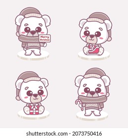 Set of cute polar bear boy celebrating christmas. holding gift and merry christmas text.
