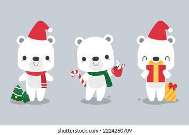Set of cute polar bear cartoon characters wearing Santa hat and scarf. Festive Christmas holiday season concept. Flat vector illustration.