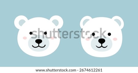 Set of cute polar bear head icon element.
Polar bear face flat vector illustration.
