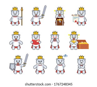 Set of cute polar bear king mascots in various situations. Chibi white bear holding scepter, sword, treasure, document, angry, thinking and other emoticons. Vector illustration bundle
