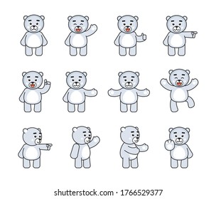 Set of cute polar bear mascots showing various emotions. Chibi white bear begging, amazed, sad, angry, anxious, suspicious and showing other expressions. Vector illustration bundle