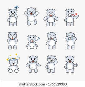 Set of cute polar bear mascots showing various emotions. Chibi white bear thinking, jumping, angry, sleeping, shocked and showing other expressions. Vector illustration bundle