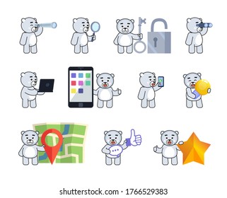 Set of cute polar bear mascots in various situations. Chibi white bear holding spyglass, magnifier, laptop, idea bulb, talking to phone and other emoticons. Vector illustration bundle